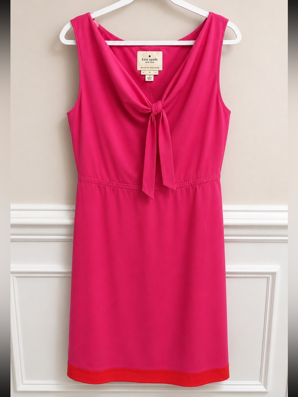 kate spade Hot Pink Sleeveless Tie-Neck Midi Dress with Red Hem
